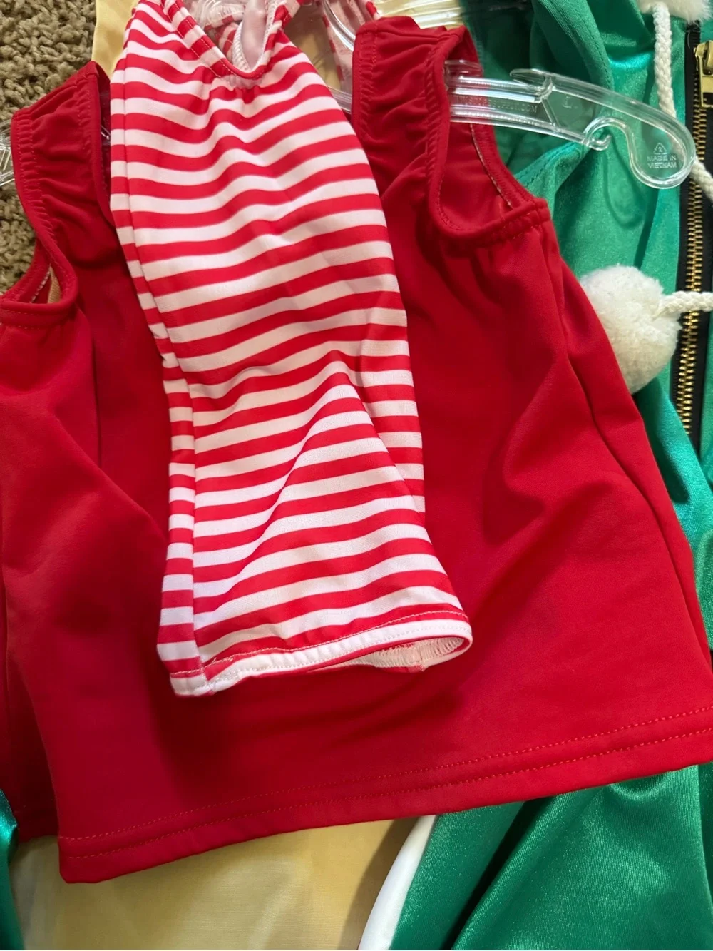 Kids Holiday Elf Costume Set in Green and Red - Hooded Jumpsuit with Striped Top